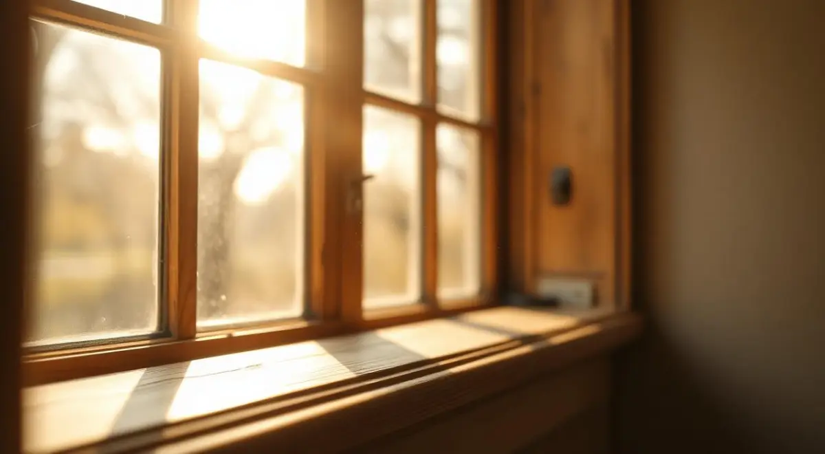 Sunlit wooden windowsill in an English home with motes of airborne dust catching the light