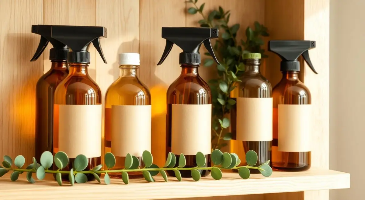 Row of refillable amber glass eco cleaning bottles with kraft labels on a pale oak shelf