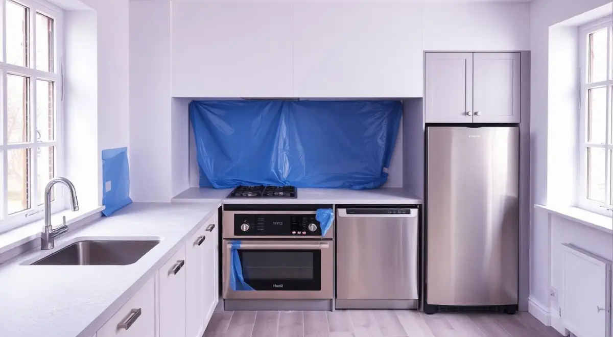 Newly built kitchen with protective blue film still attached to a stainless steel oven and dishwasher