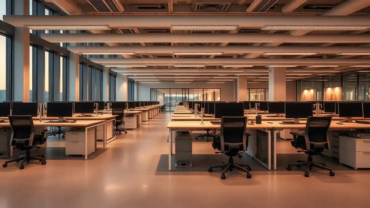 Open-plan office at the end of the working day with chairs tucked under