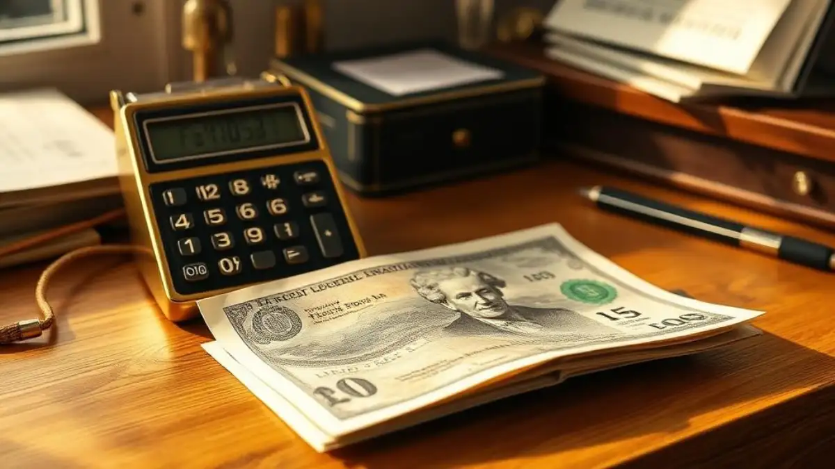 Brass calculator beside folded bank notes on a warm oak desk