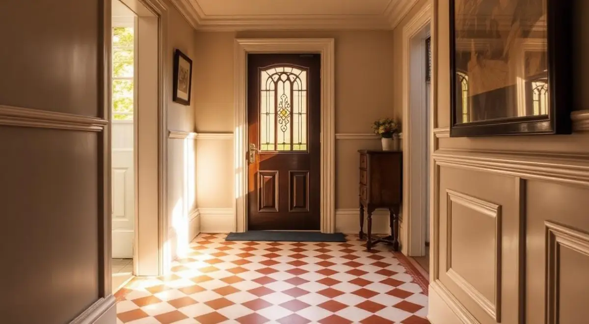 Restored Victorian hallway with original red and cream encaustic floor tiles in a St Albans terrace